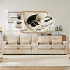 Canapé moderne en lin 4 places avec console, 2 porte-gobelets, 2 ports de chargement USB, poches sur les accoudoirs, 4 coussins, pour salon, appartement, bureau
