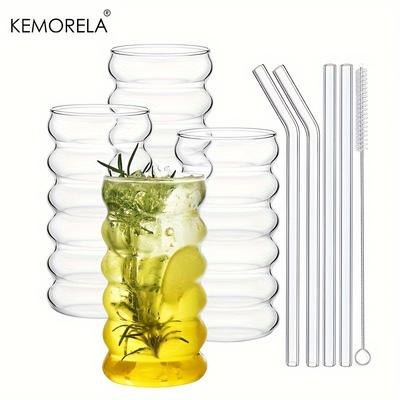 500ML 1/2/4 Piezas Vasos para Bebidas Forma de Ola Con Pajitas Vasos de Vidrio Vintage Vasos para Beber Ondulados para Vino Champán Cóctel