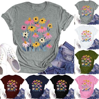 Dam Casual Rundhalsad T-shirt Topp med Blomtryck och Kort Ärm