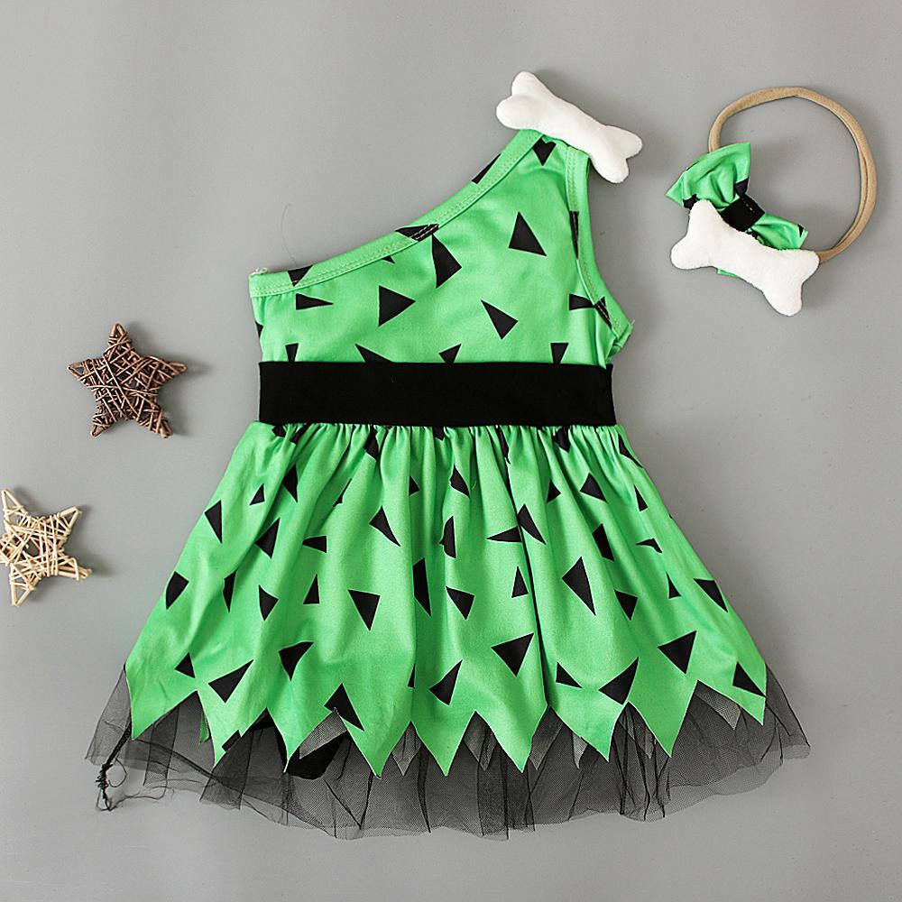 Baby Kids Girls Triangle Printed One Shoulder Tulle Dress with Bowknot Headband Cosplay Costume Clothes for 0.5-5 Years