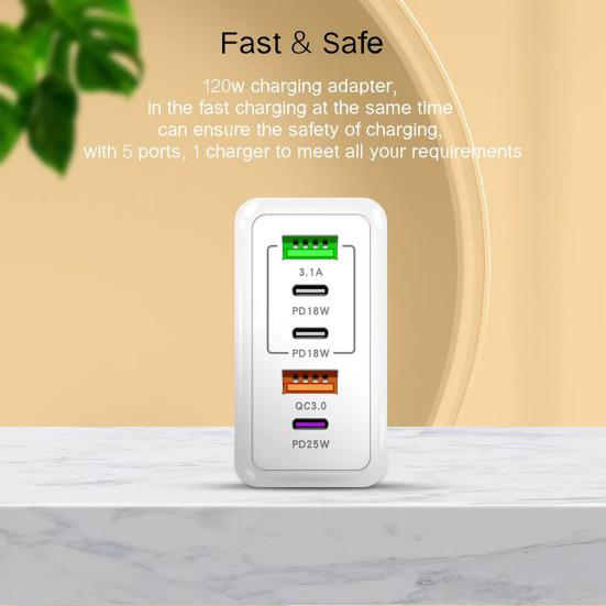 Charger 120W Mobile Phone Fast Charging Type-C US Plug PD/USB Multi-Port Safe Efficient Charging High Power Charger