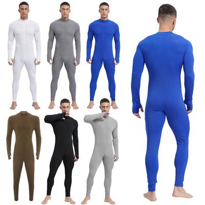 Men's Yoga Workout Romper Long Sleeve Unitard Solid Color Jumpsuit with Zipper Comfort Fitness