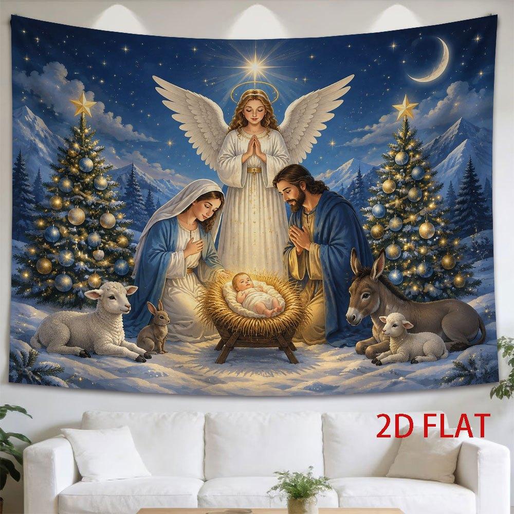 2D Flat - 2D Flat - 1pc 2D Flat Tapestry Christmas Night, The Newborn Is Born, Angels Guard Amidst Snowy Pine Trees Under Starry Sky
