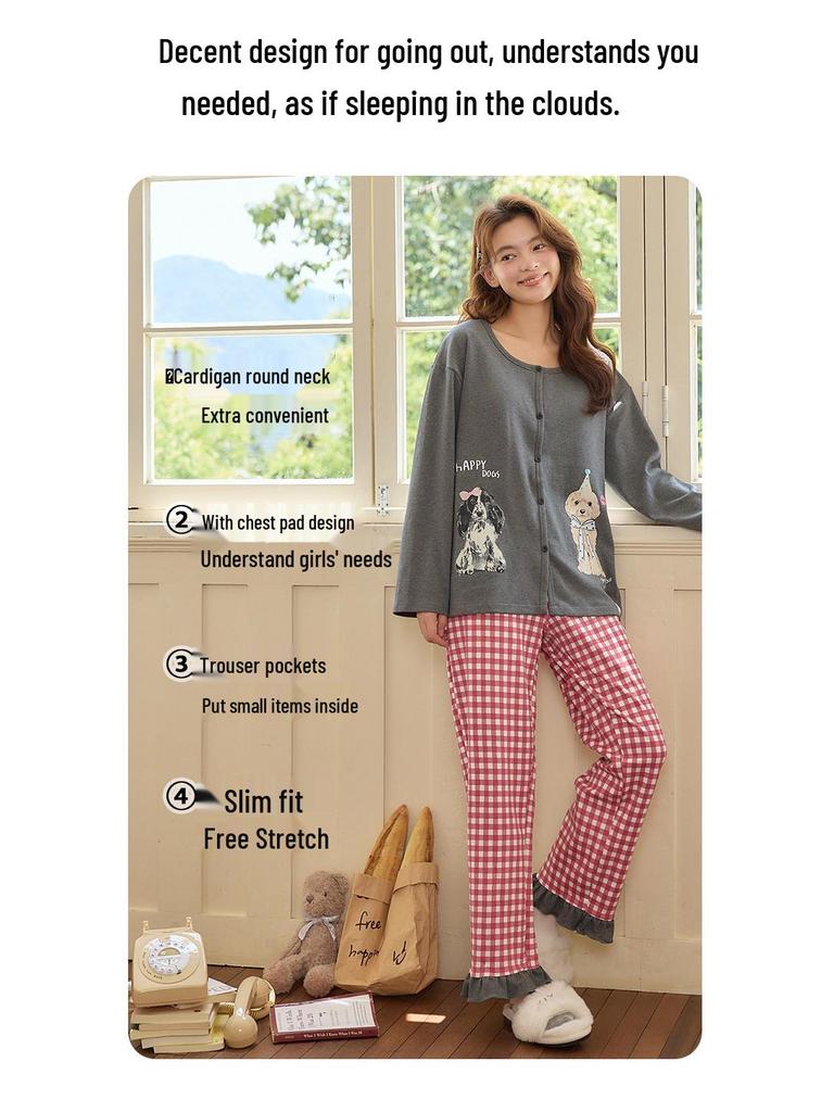 Women's Cute Cartoon Pajama Set with Chest Pads - Long Sleeve, Long Pants for Spring & Autumn, Wear Indoors or Out