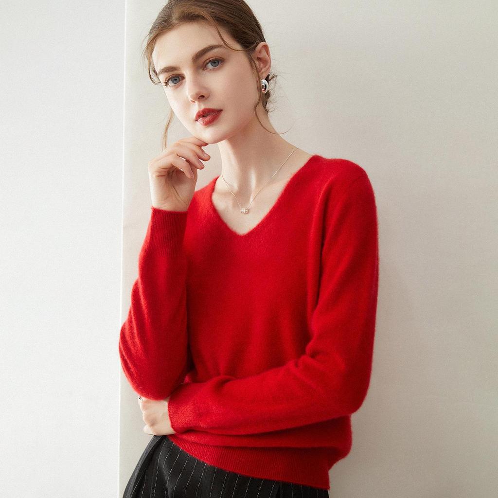 Women's Pure Cashmere V-Neck Pullover Sweater - Knitted, Simple, Versatile Layer