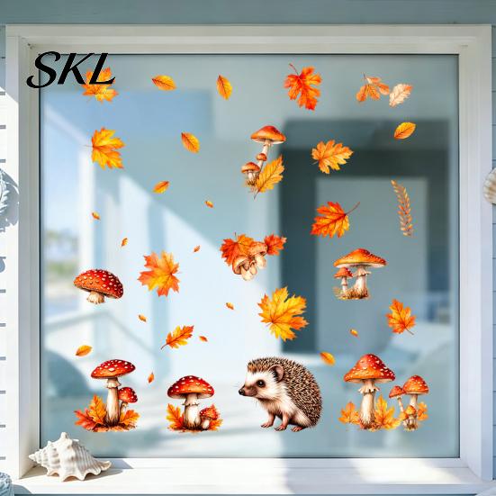 Removable Glass Clings 2PCS Autumn Hedgehog Static Window Clings, Fall Maple Leaf Mushroom Stickers, Waterproof PVC Decals No-Adhesive for Home Store