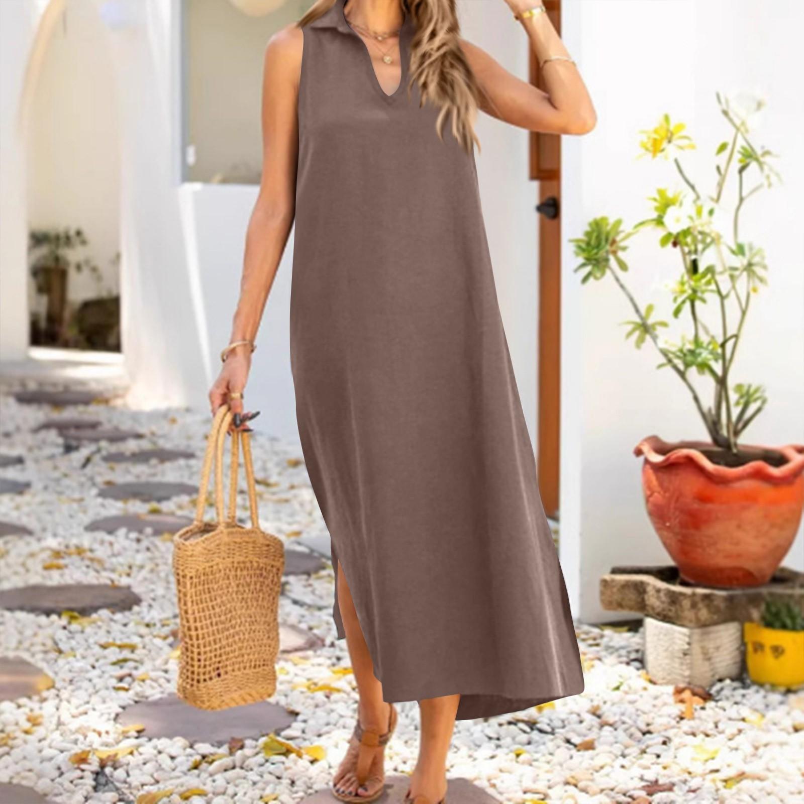 

Женское модное летнее повседневное платье без рукавов с разрезом по низу XL верблюд