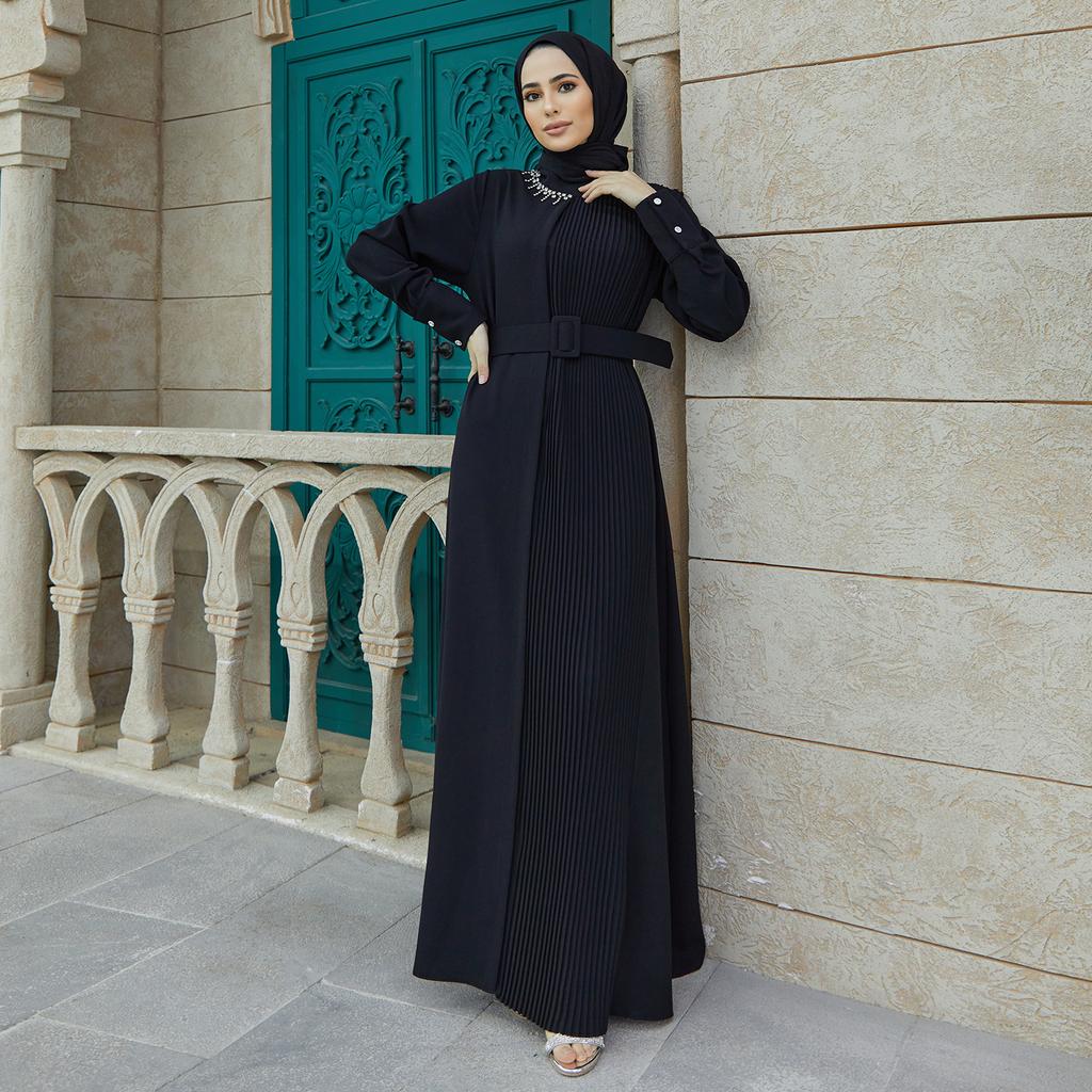 Plisowana sukienka z paskiem damska muzułmańska islamska długa Abaya