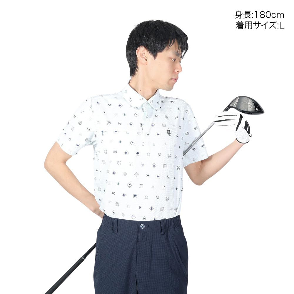Munsingwear Short Sleeve with a Flying Pattern Soccer Tailored Golf Men's Shirt, MGMXJA13, White, WH00, Design, Fabric, Collar, Moisture-Wicking,