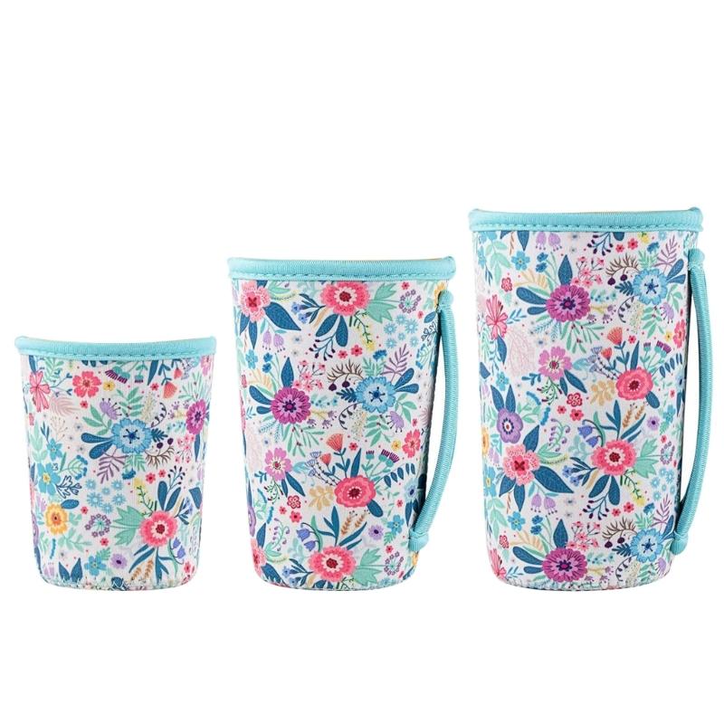 

3 Pack Insulated Cup Sleeves Flower Print Cups Sleeve Set for Cold Beverages Ice Coffee Cups Sleeves with Handle 1