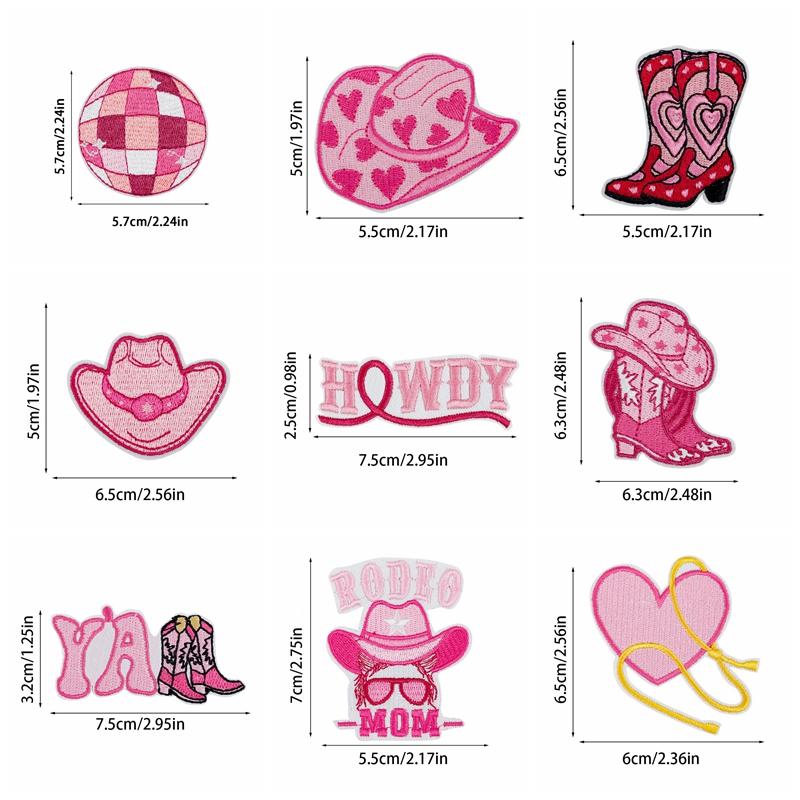 10PCS/lots Pink Western Cowboy Embroidered DIY Iron On Patches For Hats Jackets Jeans Sew Badges Pink Cartoon Embroidery Patch
