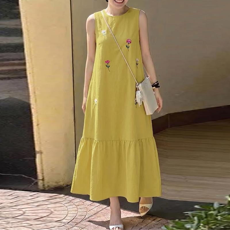 ZANZEA Women Casual Round Neck Loose Floral Embroidery Sleeveless Dress жёлтый