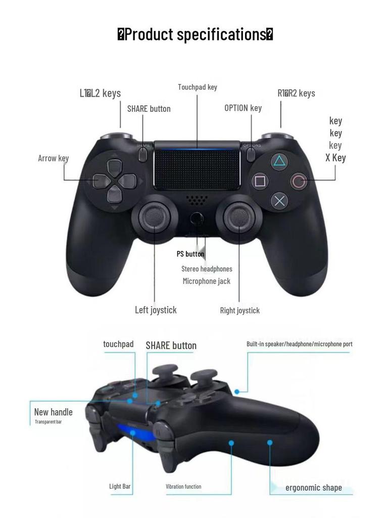 Universal Bluetooth Wireless PS4 Controller: Compatible with PC, Android, Apple, Mobile & Tablet, with Vibration Function.