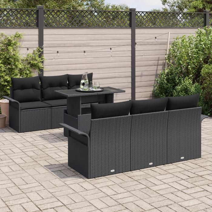 Ensemble de canapé jardin vidaXL 7 pièces avec coussins Noir Rattan Poly, Canapé jardin 2 places vidaXL avec rangement &amp; 3356946