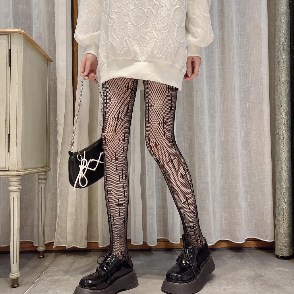 Seductive Black Fishnet Stockings with Bow and Letter Details - Plus Size European and American Styles