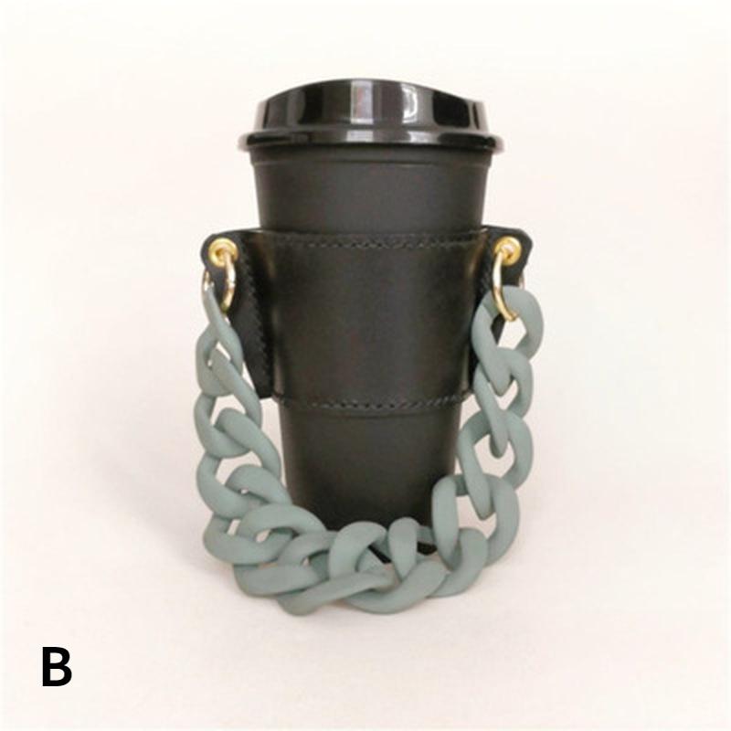 Fashion Custom Reusable Portable Leather Chain Cup Cover Case Takeaway Hold Milk Tea Drinks Coffee Cup Sleeves with Handle Chain