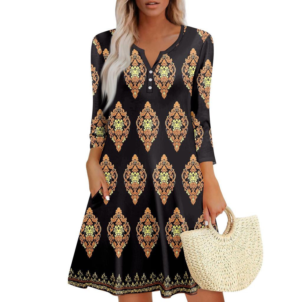 Women's Summer Dress Loose V Neck Three-quarter Sleeve Sundress With Pockets Dress