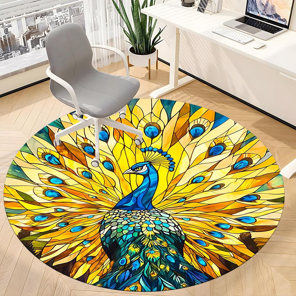 1PC Peacock StainedGlass Office Round Area Rug, Mat Suitable For Office, Under Office Chairs Bedroom Living Room Home Decor, Room Deco