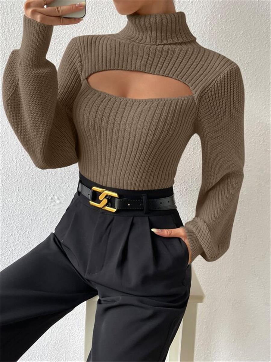 

Fall Winter Women s Sexy Loose Knit Sweater High Neck Hollow Out Outerwear Top XL хакі
