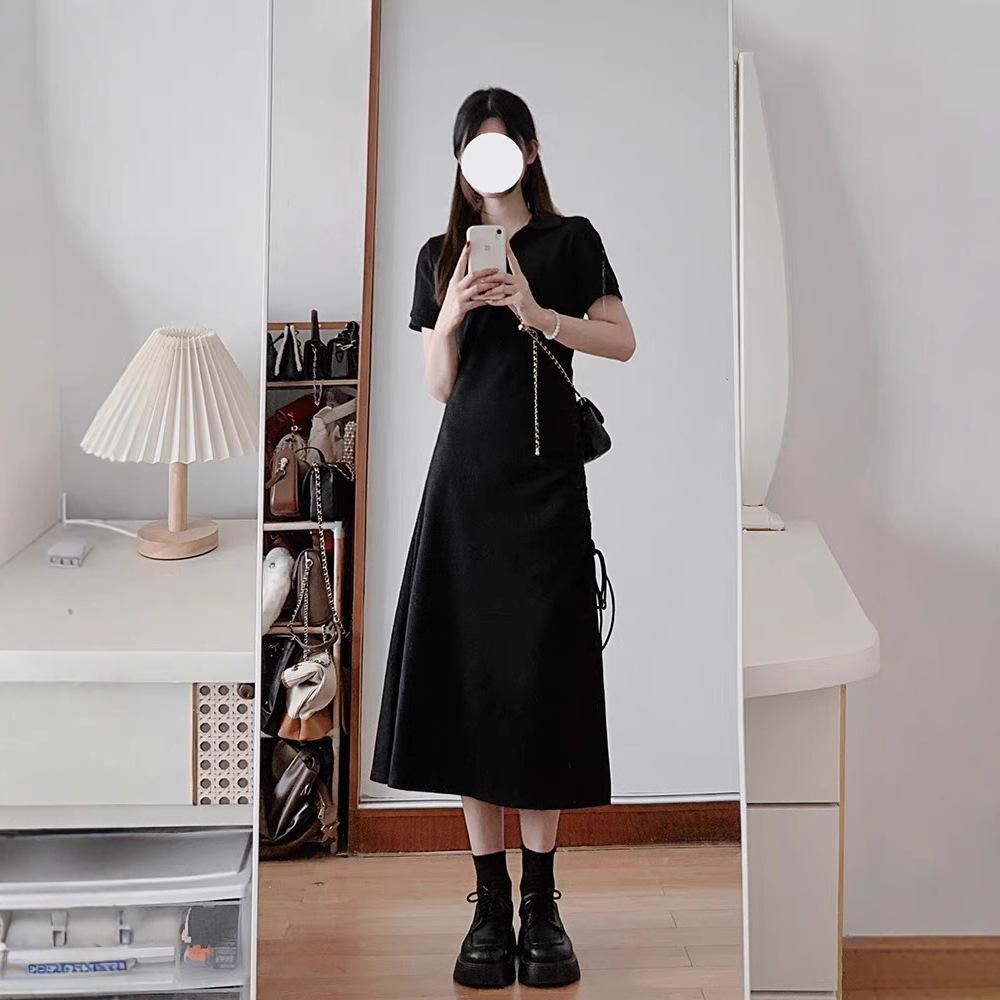 Black polo dress children's summer new small casual long dress French Hepburn style small black dress