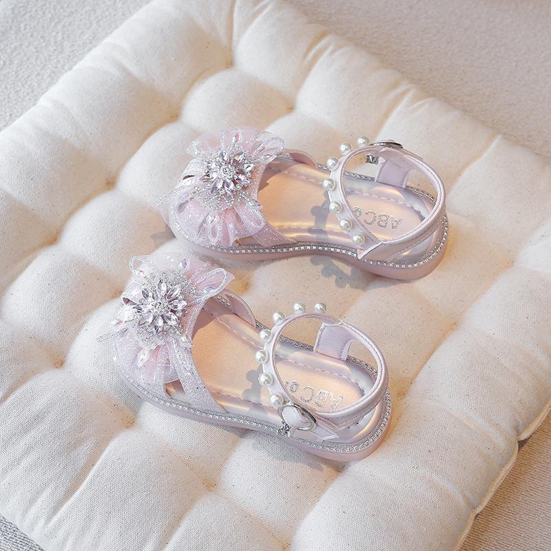 Summer new girls sandals fashion bow bag head beach shoes little girl show bright diamond princess shoes