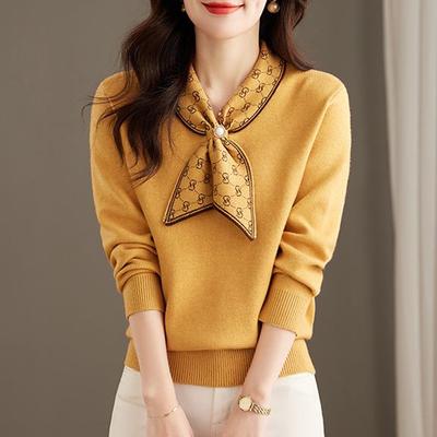 Höst Vinter Damkläder Pärlrosett Elegant Stickad Tröja Långärmad Pullover Toppar Chic Jumpers