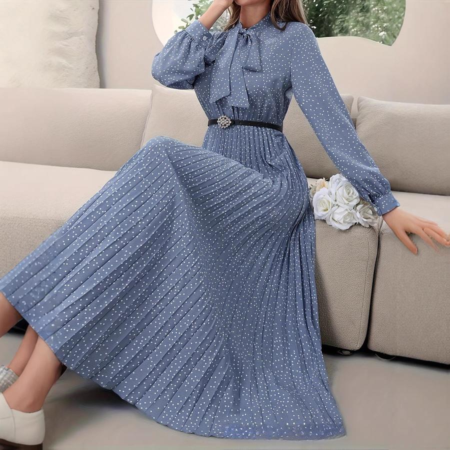 Women's Long Sleeve Polka Dot Pleated Dress, New Arrivals