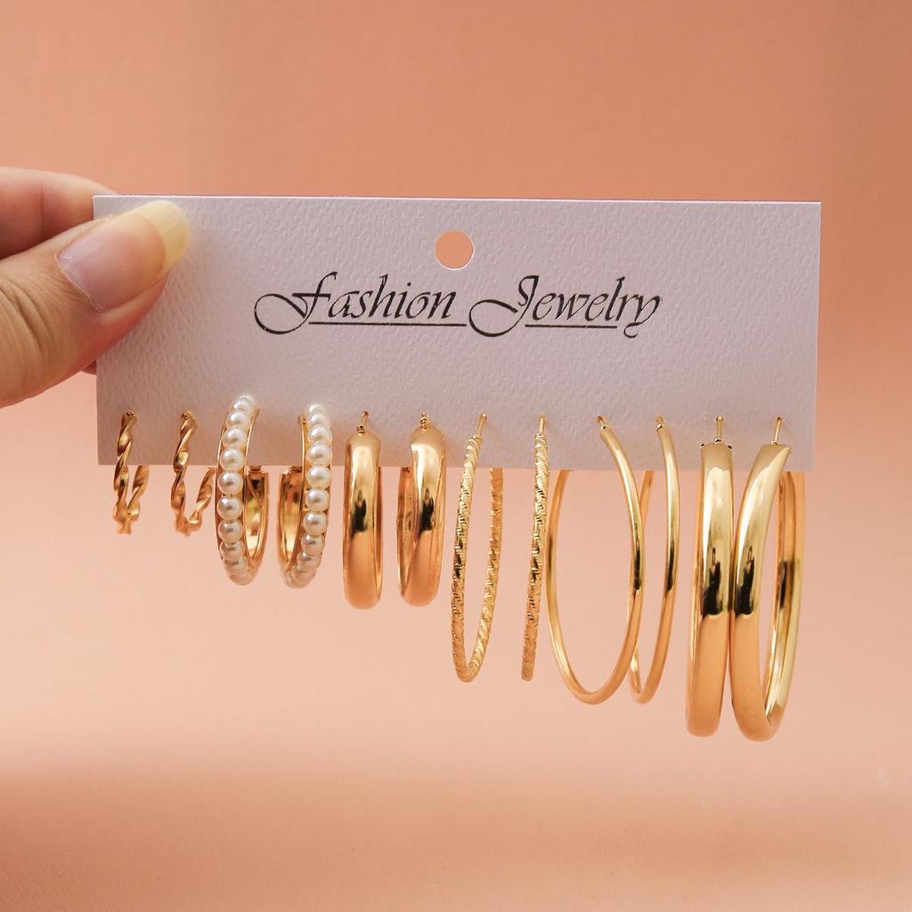 Retro European Geometric Earrings Set - 6-Piece High-End Luxury Ear Cuffs for Women