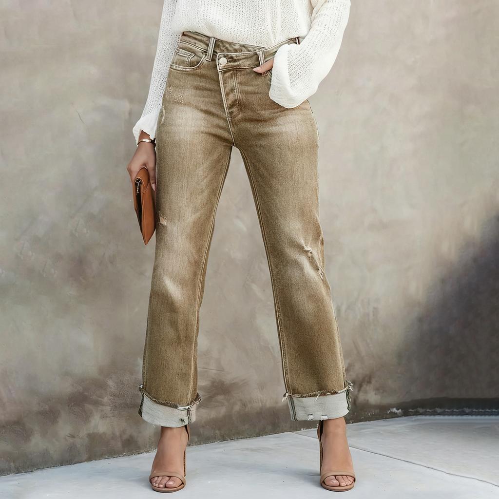 Ladies' Color Casual Versatile Mid Waist Straight Leg Denim Straight Leg Jeans With Fringed Edges