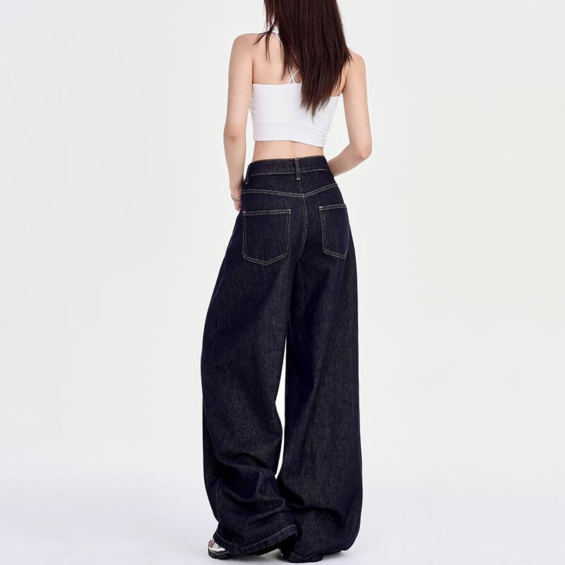 Dark Blue Women's Loose Wide-Leg Floor-Length Jeans for Spring/Autumn 2025