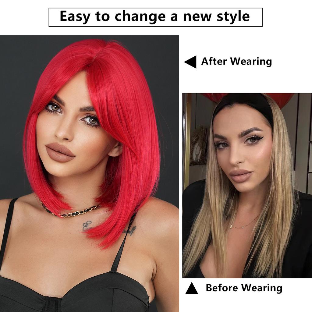 Red Short Straight Wig for Women - Bob Cut with Middle Part Curtain Bangs, Halloween Easter Party Machine Made Full Cap Wig