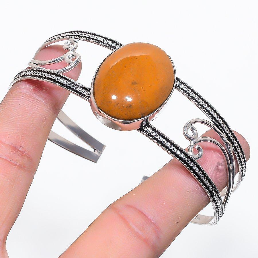 Natural Fossil Coral Gemstone 925 Sterling Silver Cuff Bangle Adjustable N6v79