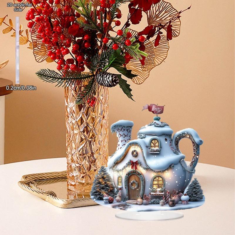 2D Flat Water Kettle Snow Hut Acrylic Desktop Decoratio, Christmas, with Base, Suitable for Wall Decoration, Porch, Room, Villa, Accents Home, Hallway