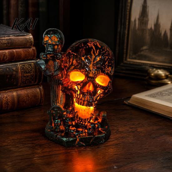Handcrafted Resin Lamp Skull Table Lamp, Halloween Glowing Skeleton Figurine, Gothic Ambient Night Light for Mantel Shelf Party Home Decor