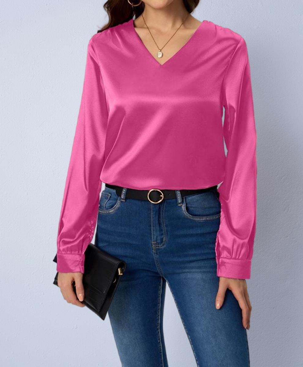 Women s Imitation Silk Satin V-neck Pleated Shirt - Long Sleeve Casual Loose Fit for Spring/Autumn. S