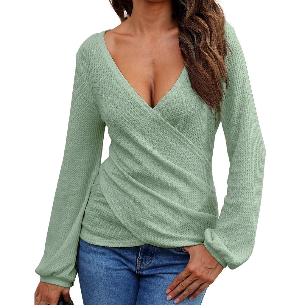 Women's Solid Color Long Sleeve Slim Top Sexy Casual Collar Shirt Top
