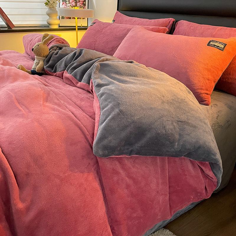 Thickened Milk Fleece Four-Piece Set, Coral Fleece Bed Sheet Double-Sided Fleece Quilt Cover, Flannel Bed Three-Piece Set