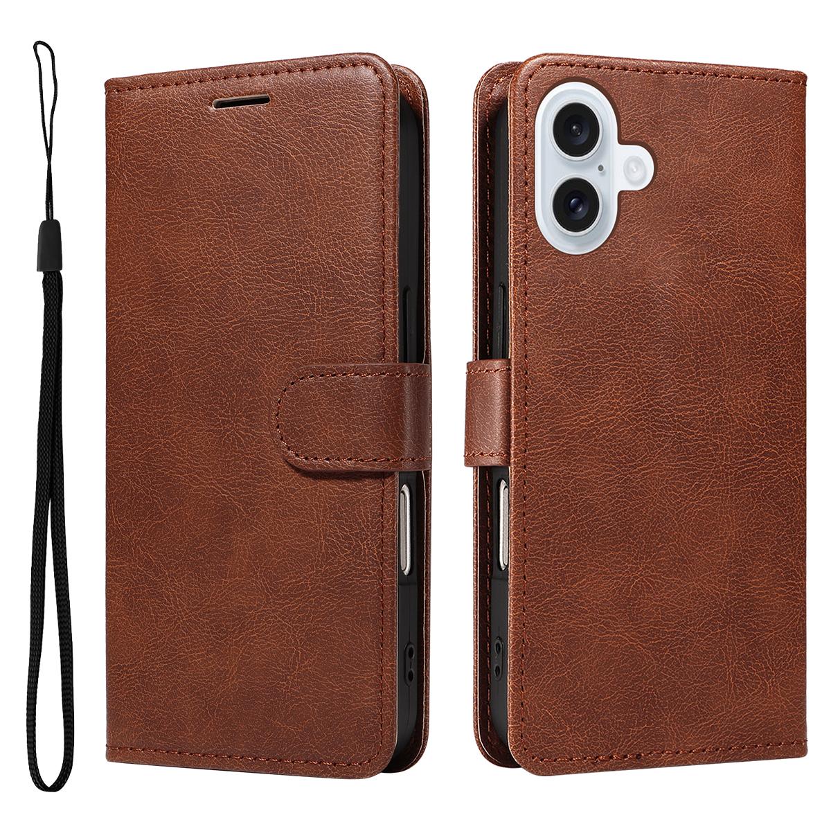 

For iPhone 17 Leather Wallet Case with Strap Solid Color Phone Stand Cover Brown