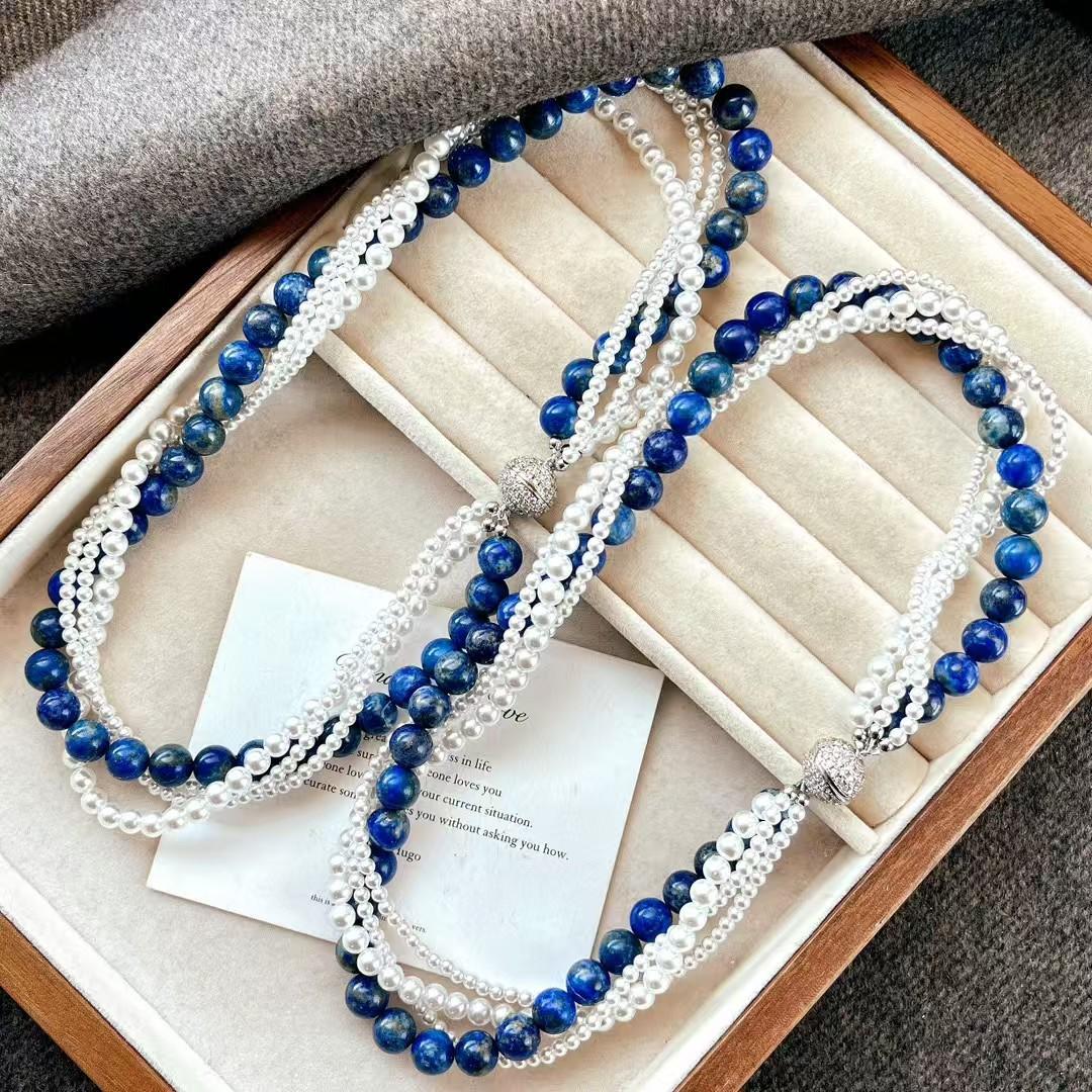 Vintage Natural Lapis Lazuli Artificial High-Gloss Crystal Pearl Design Sense Collarbone Chain Necklace