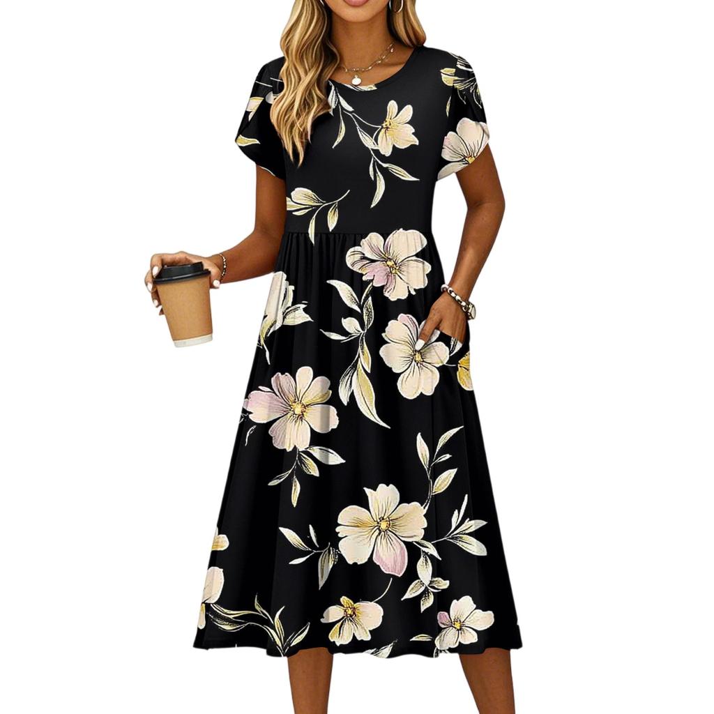 Women's Fashion Summer Round Neck Short Sleeve Floral Printed Beach Dresses