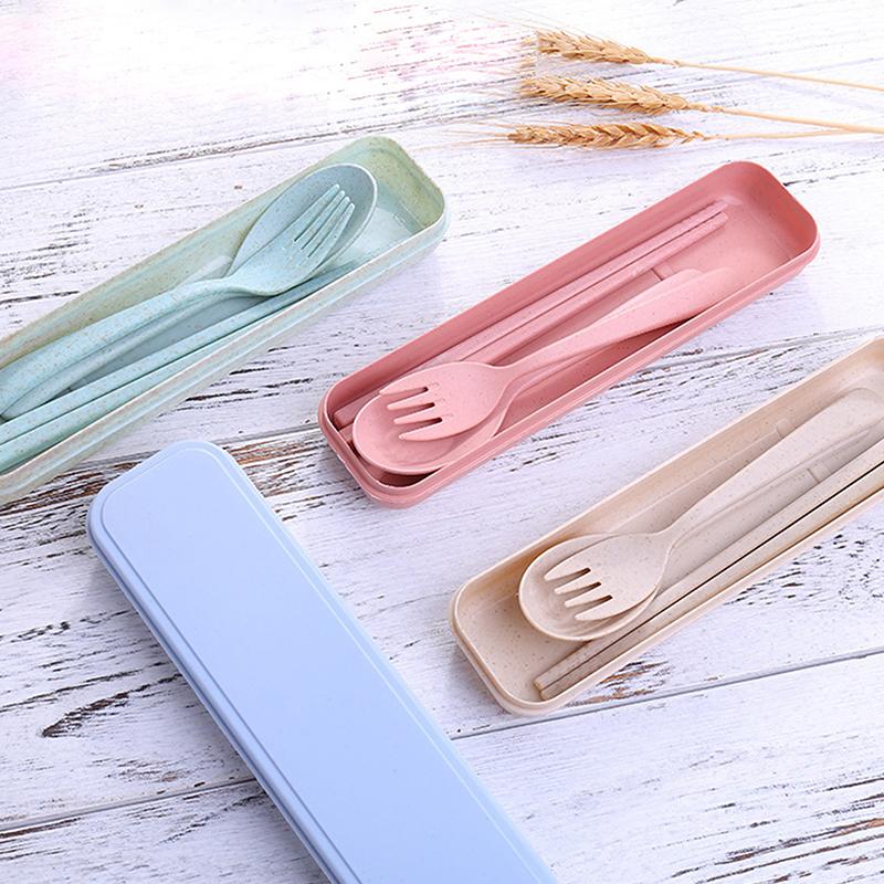 Wheat Straw Tableware Fork Spoons Chopsticks Plastic Portable Tableware Set