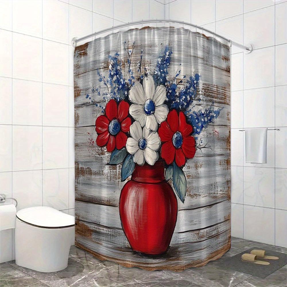 1pc Polyester Shower Curtain - Folk Art Floral Design with Red Ceramic Vase & Rustic Wooden Planks