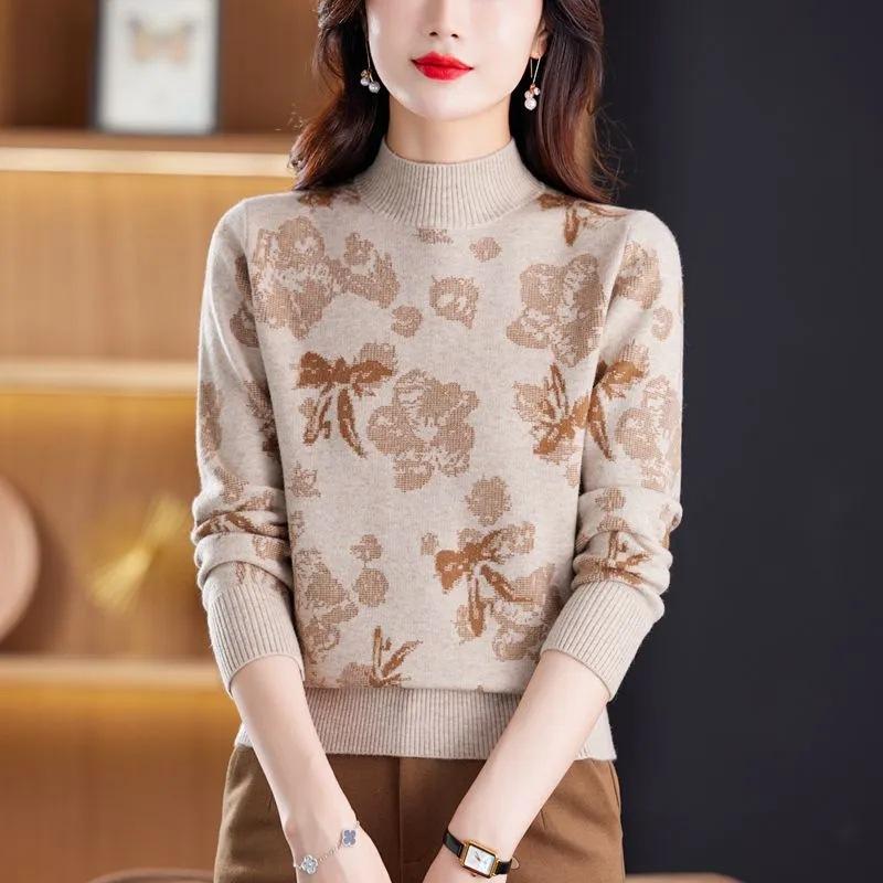 Podzimní a zimní polorolák pletený žakárový kašmírový svetr pro ženy, podzimní a zimní zesílený matčin módní top se spodním dílem