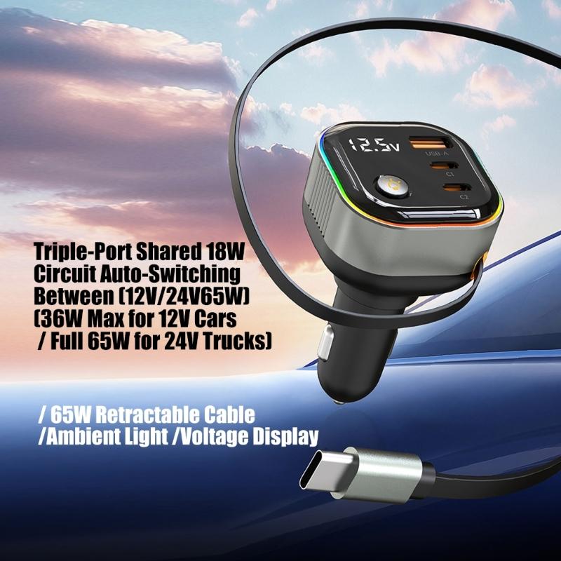 High Power Car Charger PD65W Retractable USB C Cable with 18W USB A /Type C Port Voltages Display Intelligent Protections