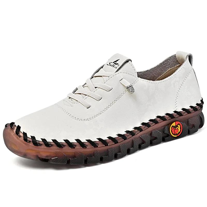Fashion Sneakers Women Large Size 35-44 Loafers Lace Leather Flat New Spring Casual Comfortable Mom Shoe Mujer Zapatos Chaussure Femme