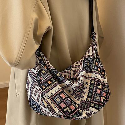 Bolsa Transversal de Ombro Feminina Tendência Simples Zíper Bolsas de Mão Vento Étnico Lona Bolsa de Ombro Pequena Tote Nova Bolsa de Praia Tecida