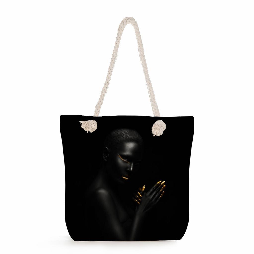 Multifunctional Cool Black People Printed Thick Rope Shoulder Beach Bag Casual Large Capacity Handbag 0114