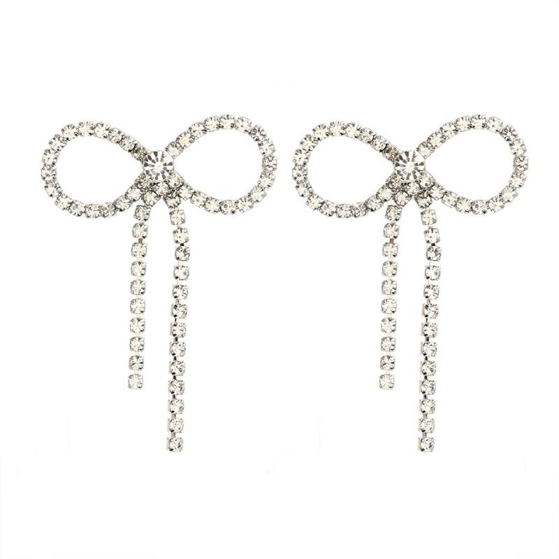 Sparkling Claw Chain Bow Tassel Earrings Women Gold Alloy Stud Drop Wedding Party Jewelry