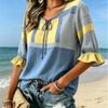 Women's Striped Polka Dot Color Block Blouse, Tie Neck Ruffled Half Sleeve Top, Loose Casual Wear for Spring Summer