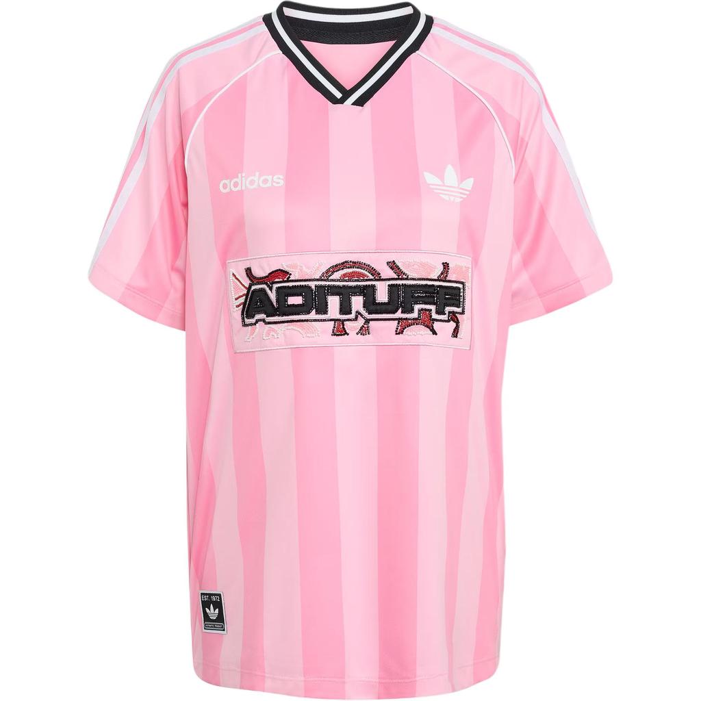 Adidas Originals Ss25 Beads Jersey Loose Fit V-Neck Short Sleeve Soccer Shirt Women Tops Pink Light-Pink KD2272